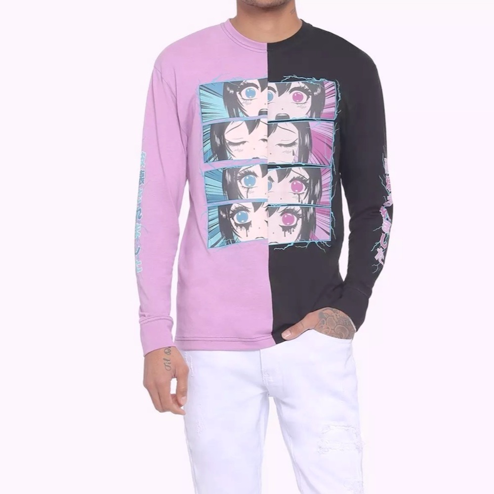 Hot Topic Pastel & Black Anime Eyes Split Long-Sleeve T-Shirt M